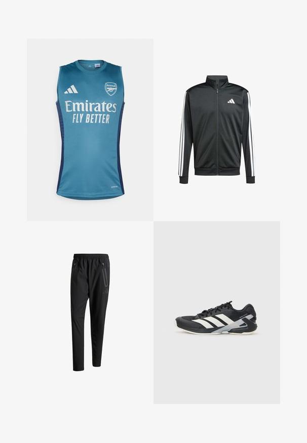 adidas Performance Trainingsvest - black; Aqua mouwloos jersey met het Arsenal-logo, de tekst "Emirates Fly Better" en donkerblauwe zijaccenten. Gemaakt van gladde stof.; Zwarte sportbroeken met een elastische tailleband, twee ritszakken aan de zijkant, taps toelopende pijpen en een subtiele logo-detail op de heup.; Zwarte sportschoen met witte strepen, bovenwerk van mesh, ronde neus en geveerde zool. Heeft een getextureerde hak en een veilig vetersysteem.