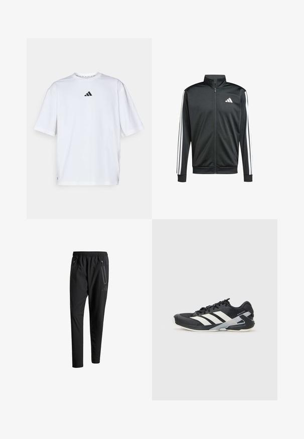 adidas Performance Training jacket - black; White cotton t-shirt featuring a black Adidas logo on the chest, short sleeves, a crew neckline, and side slits at the hem.; Black athletic pants with an elastic waistband, two zippered side pockets, tapered legs, and a subtle logo detail on the hip.; Black athletic shoe with white stripes, mesh upper, rounded toe, and cushioned sole. Features a textured heel and secure lacing system.