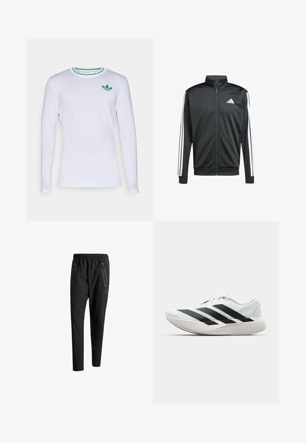 adidas Performance Trainingsvest - black; Witte lange mouwen shirt gemaakt van een gladde stof, met een groen gestreepte ronde hals en een klein groen Adidas-logo op de linkerborst.; Zwarte sportbroeken met een elastische tailleband, twee ritszakken aan de zijkant, taps toelopende pijpen en een subtiele logo-detail op de heup.; Lichte hardloopschoenen in lichtblauw met zwarte strepen. Beschikt over een soepele bovenkant, ronde neusstuk en dikke witte tussenzool met het label "LIGHTSTRIKE PRO."