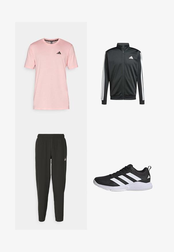 adidas Performance Chaqueta de entrenamiento - black; adidas Performance TR-ES FR T - Camiseta deportiva - semi pink spark/black; Pantalones deportivos negros con cinturilla elástica, ajuste Slim y logo blanco en la pierna izquierda. Tejido suave y ligero.; Zapatilla deportiva negra con parte superior de malla, tres rayas blancas en el lateral, suela acolchada y suela de goma texturizada para tracción.