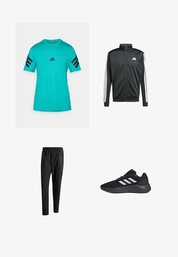 adidas Performance Giacca sportiva - black; T-shirt turchese a maniche corte in cotone, con tre strisce nere su ciascuna manica e un piccolo logo nero sul petto.; Pantaloni sportivi neri con vita elastica, due tasche laterali con cerniera, gambe affusolate e un sottile dettaglio del logo sull'anca.; Scarpa sportiva nera con tomaia in rete, tre strisce bianche, suola imbottita e dettagli testurizzati lungo la suola.