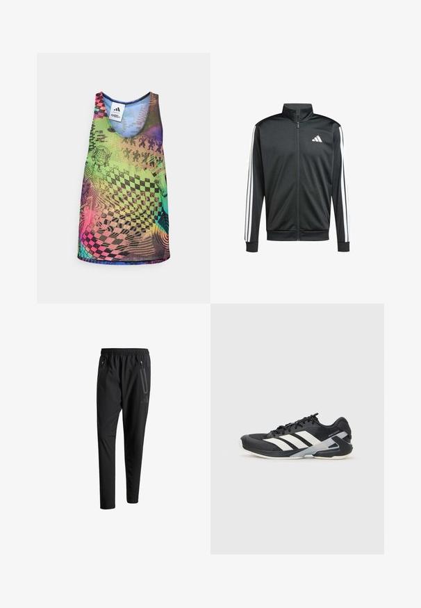 adidas Performance Training jacket - black; Multicolored tank top featuring vibrant geometric patterns, including checkerboards and swirls, in shades of green, pink, blue, and purple.; Black athletic pants with an elastic waistband, two zippered side pockets, tapered legs, and a subtle logo detail on the hip.; Black athletic shoe with white stripes, mesh upper, rounded toe, and cushioned sole. Features a textured heel and secure lacing system.