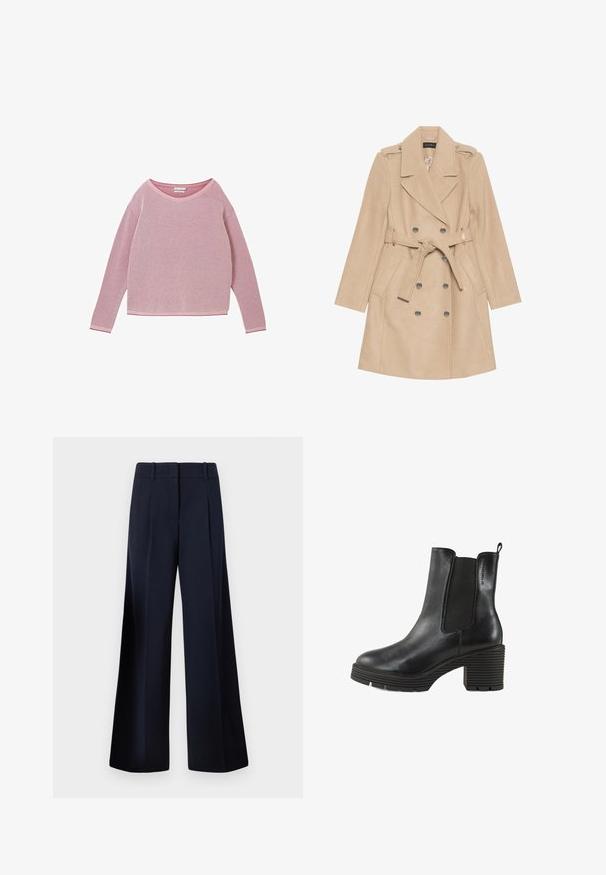 Beige divraka ar dubultu aizdari, izgatavota no mīksta materiāla, ar jostu viduklī, lieliem pogām un plecu epauletēm. Garas piedurknes ar sānu kabatām.; Sarkans adīts garajām piedurknēm džemperis ar strukturētu rakstu un apaļu dekoltē. Tam ir kontrastējoša rozā apdare apkaklītei un piedurknēm.; TOM TAILOR LEA WIDE - Auduma bikses - sky captain blue; Melna ādas potīšu zābaks ar elastīgām pusēm, masīvu teksturētu papēdi un cilpu. Apaļa purngalu un izteikta ribota zole.