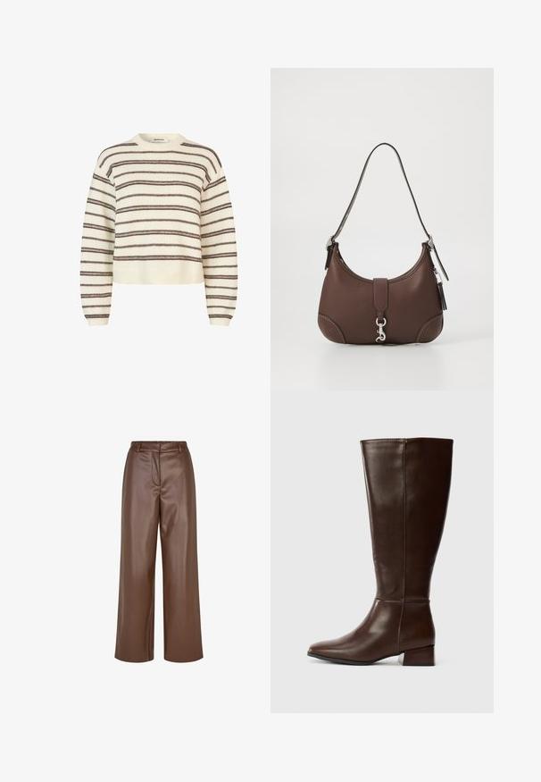 Világos bézs színű, puha anyagból készült dupla gombos kabát, övvel a deréknál, nagyméretű gombokkal és vállapokkal. Hosszú ujjak, oldalsó zsebekkel.; Világos bézs pulóver sötétbarna vízszintes csíkokkal. Kerek nyakkivágással és bordázott mandzsettákkal, valamint aljjal rendelkezik. Puha textúrájú, rövidített fazon.; Barna műbőr, széles szárú nadrág sima textúrával, övrögzítőkkel és elülső pliszével a derekán.; Magas, sötétbarna bőrcipő, alacsony blokk sarkú és sima felületű, oldalnézetből mutatva, fehér háttér előtt.; Barna bőrtáska, kerek formával, ezüst színű fémrészekkel és díszítő varrással. Különleges jellemzője a vállpánt és a záródás.