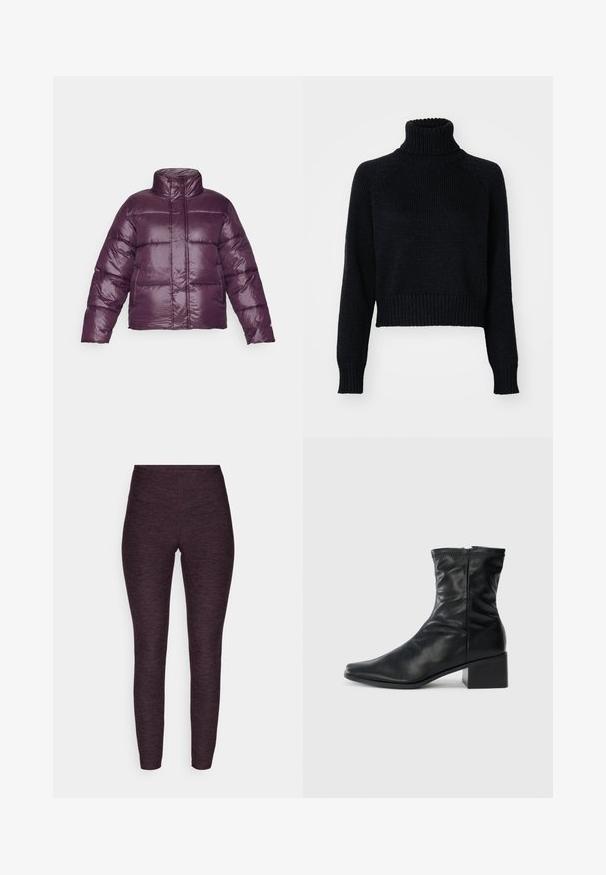 Vijolična napihnjena jakna z visokim ovratnikom, prešito zasnovo in sijočim finišem. Ima dolge rokave in krajši kroj.; Temna pletena turtleneck pulover s skrajšanim dizajnom, ki ima rebraste manšete in spodnji del ter teksturirano tkanino po celotni dolžini.; Leggings v temno vijoličastem heather materialu, z visokim pasom in oprijetim krojem ter gladko, elastično teksturo.; Črne usnjene škornje do meč z kvadratnim nosom, stranskim zadrgo in blokastim peto na enobarvni beli podlagi.