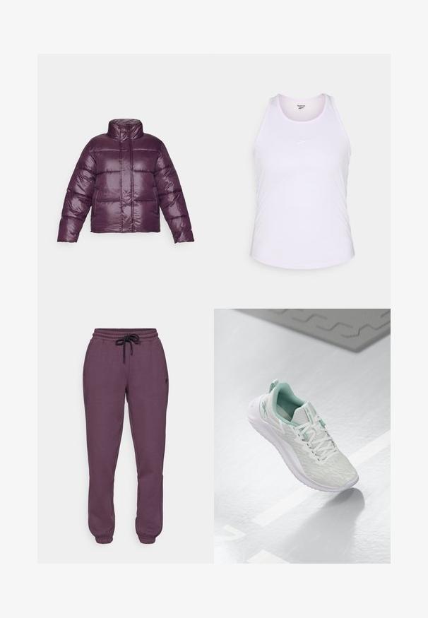 Purple puffer jacket with a high collar, quilted design, and shiny finish. Features long sleeves and a cropped silhouette.; White athletic tank top with a round neckline, thin straps, and a subtle purple accent. Features a small Reebok logo on the front.; Fabletics COZY GO TO SWEATPANT - Tracksuit bottoms - deep plum; Light gray athletic shoe with a textured knit upper, mint green accents, white laces, rubber sole, and pull tab at the heel.