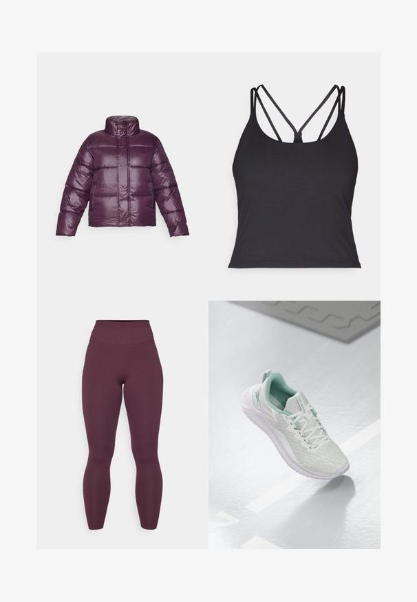 Lila puffertakó magas gallérral, steppelt dizájnnal és fényes felülettel. Hosszú ujjakkal és rövidített sziluettel rendelkezik.; Fekete ujjatlan felső vékony pántokkal, hátul keresztbe fonott dizájnnal. Puha, rugalmas anyagból készült, formás szabású.; Burgundi színű, magas derékú leggings sima, rugalmas anyagból. Teljes hosszúságú dizájn, varrás nélküli derékrészen, nincs látható fémrész vagy minta.; Világosszürke sportcipő, texturált kötött felső réteggel, menta zöld kiegészítőkkel, fehér fűzőkkel, gumitalppal és húzófüllel a saroknál.