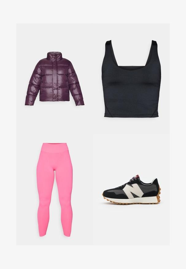 Lilla pufferjakke med høj krave, quiltet design og blank finish. Har lange ærmer og en cropped silhuet.; Sort cropped tanktop med glat, elastisk stof, brede skulderstropper og firkantet halsudskæring med minimale syningsdetaljer.; Lyserøde højtaljede leggings lavet af strækbart stof. Glat tekstur, tætsiddende design, ankellang og uden synlige mønstre eller hardware.; Sort og grå ruskinds sneakers med et stort cremefarvet "N" logo, lilla snørebånd og en struktureret gummisål.