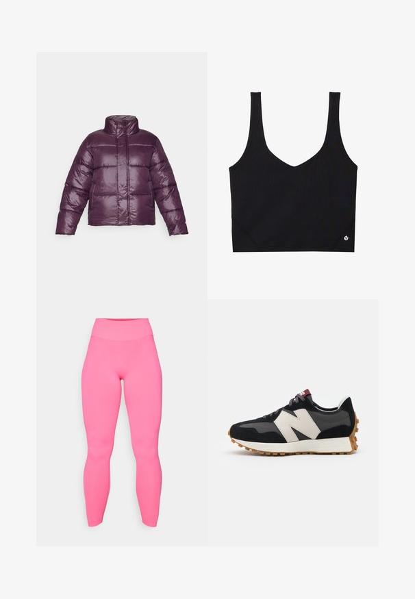 Purple puffer jacket with a high collar, quilted design, and shiny finish. Features long sleeves and a cropped silhouette.; Black sports bra with wide straps, a V-neck design, textured fabric, and logo detail at the hem. Smooth finish, minimalist style.; Pink high-waisted leggings made of stretchy fabric. Smooth texture, form-fitting design, ankle-length, and no visible patterns or hardware.; Black and gray suede sneaker with a large cream-colored "N" logo, purple laces, and a textured gum rubber outsole.