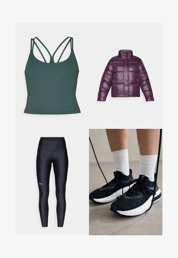 Lila puffertakó magas gallérral, steppelt dizájnnal és fényes felülettel. Hosszú ujjakkal és rövidített sziluettel rendelkezik.; Fabletics PRINCIPAL BUILT IN BRA TANK - Felső - everpine; Fekete leggings sima, rugalmas anyagból, magas derékkal. Bal combján fehér logó található, és testhezálló kialakítású.; Fekete sportcipők textúrált anyagból, fehér talppal és fekete fűzőkkel. Fehér bordázott zoknikkal viselve, világos felületen állva.