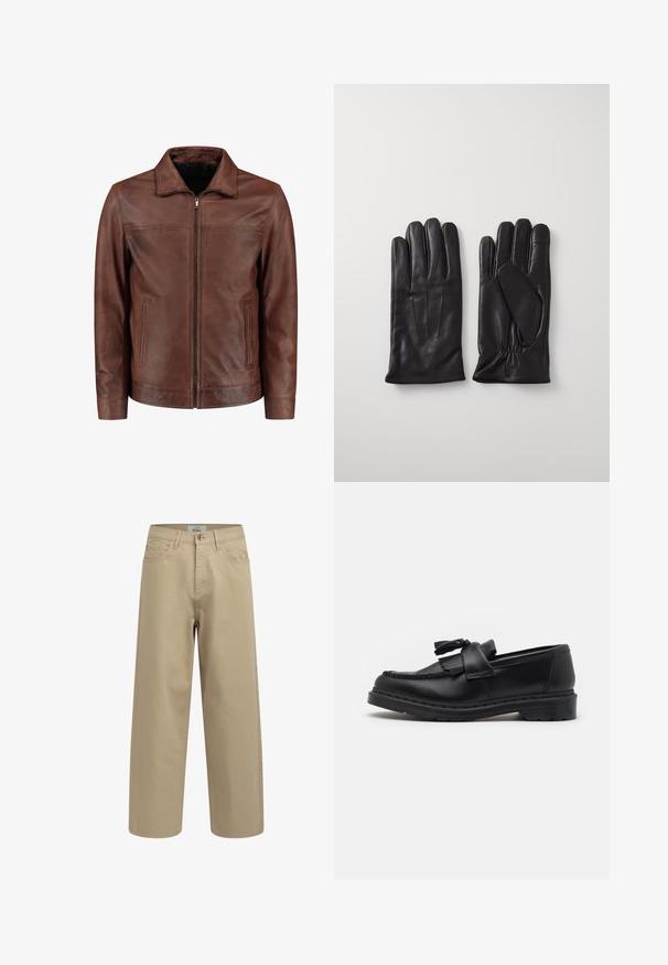Veste en cuir brun avec fermeture éclair à l'avant, col pointu, deux poches latérales et détails de couture subtils. Texture lisse et design classique.; T-shirt en coton blanc avec des manches courtes, un col rond, une coupe décontractée et sans logos ni motifs visibles. Texture lisse et design minimaliste.; Pantalon large beige en tissu de coton. Comprend une fermeture à bouton, des passants de ceinture et des poches avant. Texture lisse sans motifs visibles.; Mocassin en cuir noir avec un accent à pampille, des coutures le long du bord et une semelle épaisse en caoutchouc pour plus de durabilité.; Gants en cuir noir à cinq doigts, présentant une texture lisse, trois coutures verticales au dos et un poignet froncé pour un ajustement confortable.