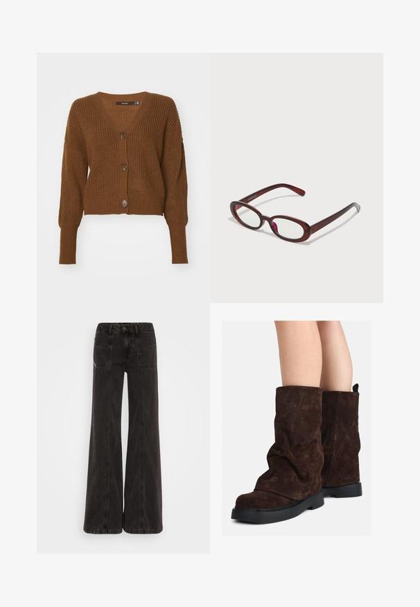 Brown wool blend coat with a high collar, six black buttons, and side pockets. The design features a relaxed silhouette with wide sleeves.; Vero Moda VMLEA V NECK CARDIGAN - Cardigan - pinecone; Light green long-sleeve shirt with a button-up front, collar, textured fabric, and tie details at the cuffs. Straight hem design.; Black wide-leg jeans made of denim, featuring a high waist, front pockets, and tonal stitching along the seams.; Brown suede mid-calf boots with black rubber soles worn on bare legs, showing slight wrinkling on the boot shafts.; Oval-shaped red sunglasses with clear lenses and sleek brown frames. The design features subtle curves and minimal hardware.