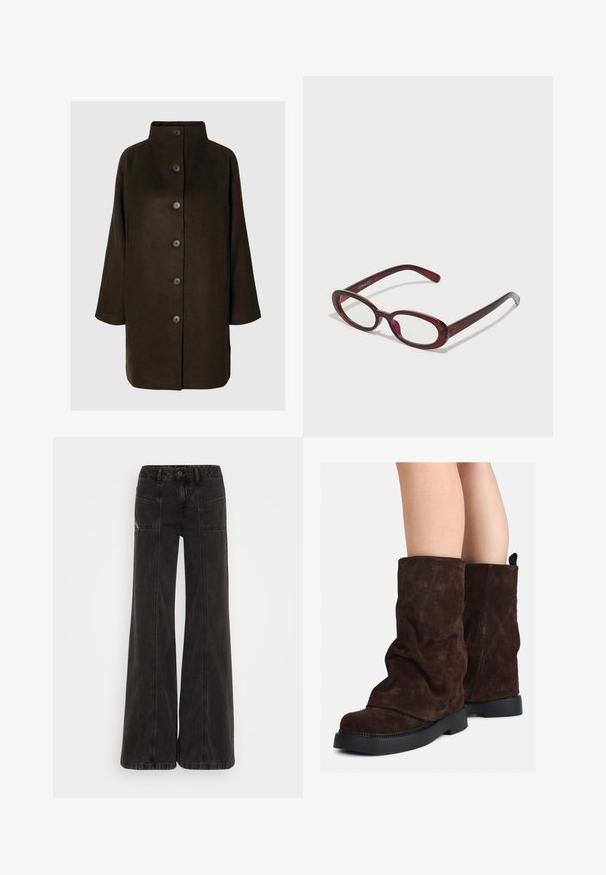 Brown wool blend coat with a high collar, six black buttons, and side pockets. The design features a relaxed silhouette with wide sleeves.; Brown fuzzy knit sweater with long sleeves, a high ribbed collar, and a button placket with six black buttons on front and cuffs.; Black wide-leg jeans made of denim, featuring a high waist, front pockets, and tonal stitching along the seams.; Brown suede mid-calf boots with black rubber soles worn on bare legs, showing slight wrinkling on the boot shafts.; Oval-shaped red sunglasses with clear lenses and sleek brown frames. The design features subtle curves and minimal hardware.