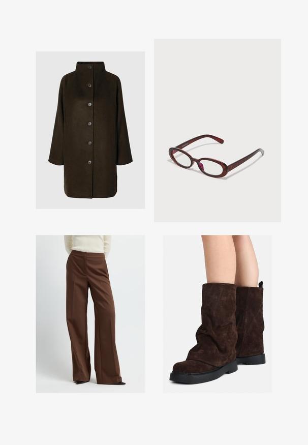 Bruine wolmix jas met een hoge kraag, zes zwarte knopen en zijzakken. Het ontwerp heeft een ontspannen silhouet met brede mouwen.; Lichtgroene langemouwen shirt met een knoopsluiting aan de voorkant, kraag, textuurstof en strikdetails bij de manchetten. Recht gesneden onderrand.; Bruine wijde broek gemaakt van zachte stof, met een op maat gemaakte tailleband en plooien, en een strakke, moderne silhouet.; Bruine suède laarzen tot halverwege het been met zwarte rubberen zolen, gedragen op blote benen, met een lichte rimpeling op de schacht van de laarzen.; Ovaalvormige rode zonnenbril met heldere lenzen en slanke bruine montuur. Het ontwerp heeft subtiele rondingen en minimale hardware.