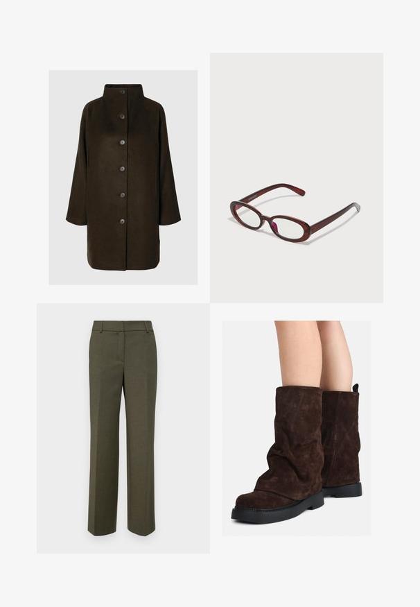 Brun uldblandingsfrakke med høj krave, seks sorte knapper og sidelommer. Designet har en afslappet silhuet med brede ærmer.; Lys grøn langærmet skjorte med knaplukning foran, krave, tekstureret stof og slipse detaljer ved manchetterne. Lige kantdesign.; Olivengrøn skræddersyede bukser lavet af tekstureret stof. Har et lige ben-design med flad front og ingen synlige dekorationer.; Brune ruskind støvler til midt på læggen med sorte gummisåler, båret på bar ben, med let rynkning på støvleskaftet.; Ovale røde solbriller med klare linser og slanke brune stel. Designet har subtile kurver og minimalt hardware.