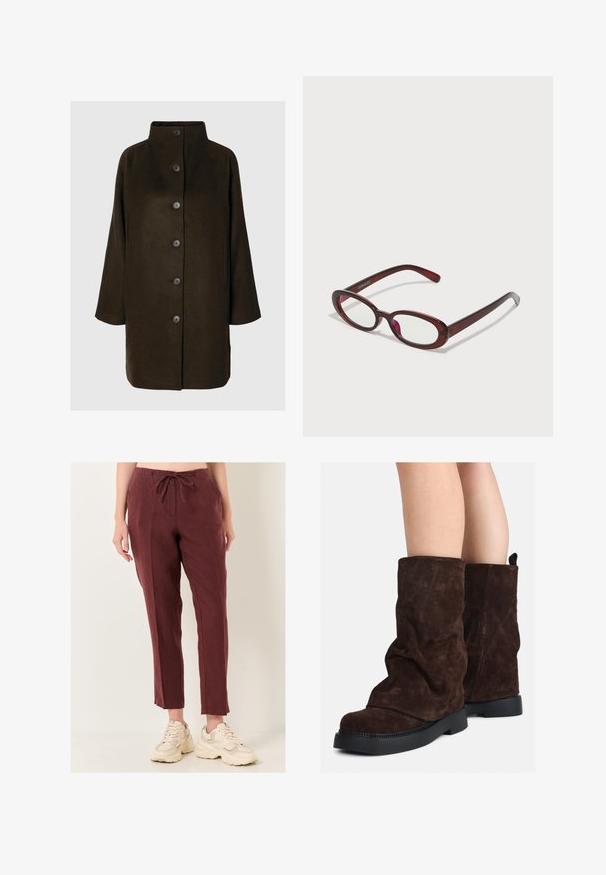 Manteau en laine brun mélangé avec un col haut, six boutons noirs et poches latérales. Le design présente une silhouette décontractée avec des manches larges.; Chemise à manches longues vert clair avec un devant boutonné, un col, un tissu texturé et des détails de cravate aux poignets. Conception à ourlet droit.; Pantalons en lin bordeaux avec une taille à cordon, jambes droites et une texture subtile, assortis à des baskets beiges à semelle épaisse.; Bottes en suède marron mi-mollet avec des semelles en caoutchouc noires portées sur des jambes nues, présentant de légers plis sur les tiges des bottes.; Des lunettes de soleil rouges en forme ovale avec des verres transparents et une monture brune élégante. Le design présente des courbes subtiles et un matériel minimal.