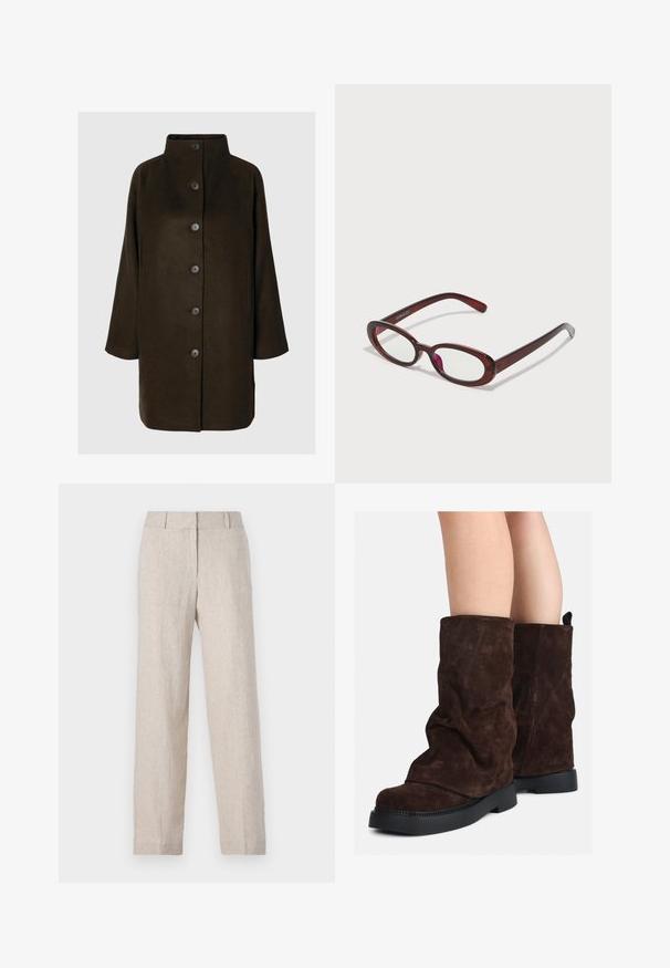 Brązowy płaszcz z mieszanki wełny z wysokim kołnierzem, sześcioma czarnymi guzikami i bocznymi kieszeniami. Projekt charakteryzuje się luźną sylwetką z szerokimi rękawami.; Jasnozielona koszula z długim rękawem, zapinana na guziki, z kołnierzykiem, teksturowanym materiałem i detalami w postaci wiązań przy mankietach. Prosty krój u dołu.; Beżowe lniane spodnie o prostym kroju, z wysokim stanem i subtelną fakturą. Brak widocznych kieszeni i ozdobników.; Brązowe zamszowe botki do połowy łydki z czarnymi gumowymi podeszwami noszone na nagich nogach, z lekkim marszczeniem na cholewkach.; Owalne czerwone okulary przeciwsłoneczne z przezroczystymi soczewkami i eleganckimi brązowymi oprawkami. Projekt charakteryzuje się subtelnymi krzywiznami i minimalną ilością elementów metalowych.