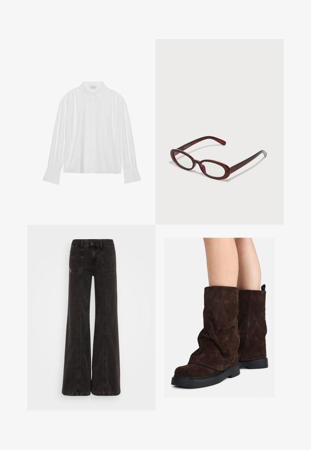 Svetlo rjav plašč iz volnene mešanice z visokim ovratnikom, šestimi črnimi gumbi in stranskimi žepi. Oblikovanje ima sproščen silhuet z širokimi rokavi.; Bela bluza z dolgimi rokavi s ovratnikom, gumbi spredaj in naborki na ramenih ter rokavih. Gladka tekstura tkanine.; Črne široke jeans hlače iz denima, z visokim pasom, sprednjimi žepi in toniranim šivom vzdolž šivov.; Rjave gamšaste škornje do polovice teleta z črnimi gumijastimi podplati, nošene na golih nogah, s rahlim gubanjem na zgornjem delu škornjev.; Ovalno oblikovani rdeči sončna očala s prozornimi lečami in elegantnimi rjavimi okvirji. Oblikovanje vključuje subtilne krivulje in minimalno opremo.