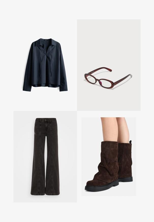 Brauner Wollmischungs-Mantel mit hohem Kragen, sechs schwarzen Knöpfen und seitlichen Taschen. Das Design zeichnet sich durch eine lockere Silhouette mit weiten Ärmeln aus.; Navyblaue Baumwollbluse mit V-Ausschnitt, langen Ärmeln und lockerer Passform. Mit Kordelzügen am Ausschnitt und einem abgerundeten Saum.; Schwarze weit geschnittene Jeans aus Denim, mit hoher Taille, frontalen Taschen und tonal abgesteppten Nähten.; Braune Wildleder-Stiefel bis zur Wade mit schwarzen Gummisohlen, die an nackten Beinen getragen werden und leichte Faltenbildung an den Schafthaltern aufweisen.; Ovale rote Sonnenbrillen mit klaren Gläsern und schlanken braunen Fassungen. Das Design weist sanfte Kurven und minimalen Hardwareeinsatz auf.