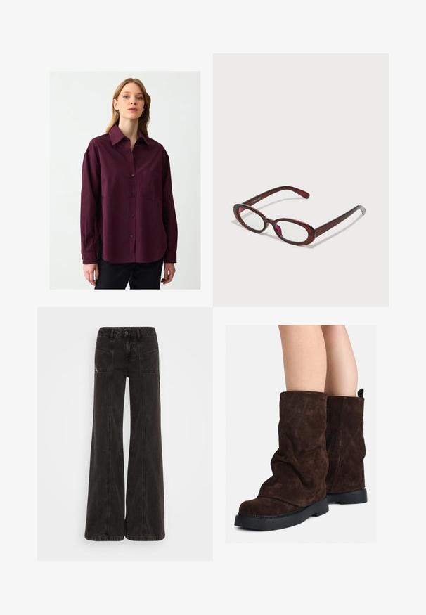 Bruine wolmix jas met een hoge kraag, zes zwarte knopen en zijzakken. Het ontwerp heeft een ontspannen silhouet met brede mouwen.; Bordeaux knoopshirt van zachte stof met een kraag, lange mouwen en een borstzak. Bevat zijsplitten en een subtiele textuur.; Zwarte wijde jeans gemaakt van denim, met een hoge taille, voorzakken en ton sur ton stiksels langs de naden.; Bruine suède laarzen tot halverwege het been met zwarte rubberen zolen, gedragen op blote benen, met een lichte rimpeling op de schacht van de laarzen.; Ovaalvormige rode zonnenbril met heldere lenzen en slanke bruine montuur. Het ontwerp heeft subtiele rondingen en minimale hardware.