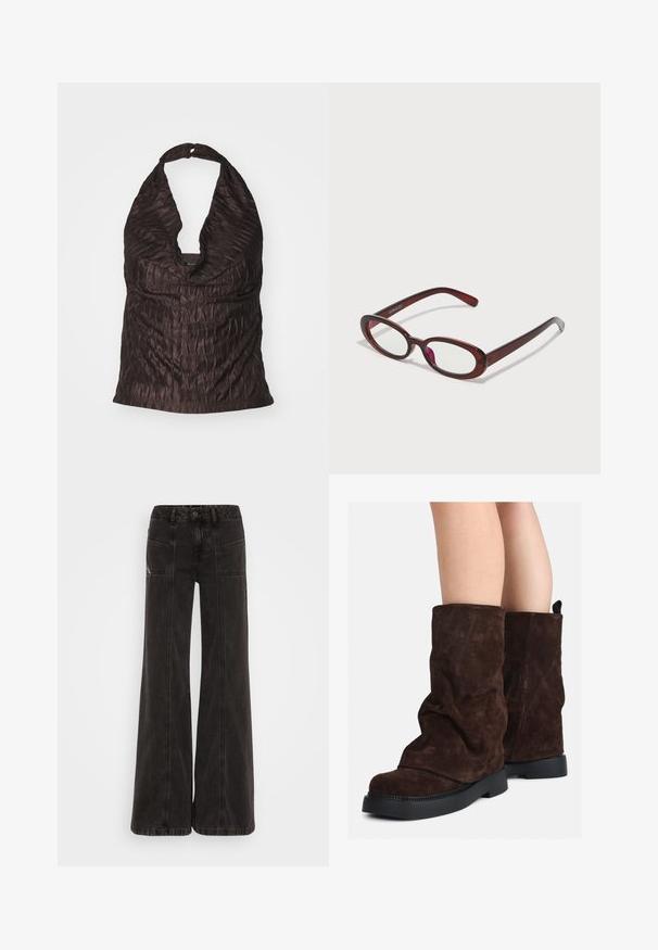 Rudas vilnos mišinio paltas su aukštu apykakle, šešiais juodais mygtukais ir šoninėmis kišenėmis. Dizainas pasižymi laisvu siluetu ir plačiais rankovėmis.; Raukinis halteris tamsiai rudas, su giliu V formos dekolte ir lygia, tekstūruota medžiaga su švelniu blizgesiu.; Juodos plačios kojų džinsai, pagaminti iš denimo, su aukštu juosmeniu, priekinėmis kišenėmis ir toniniu siuvimu palei siūles.; Rudi od suede iki blauzdų aukščio, su juodais gumos padais, dėvimi ant nuogų kojų, rodo lengvą raukšlių susidarymą ant batų šonų.; Ovalo formos raudoni akiniai su skaidriais lęšiais ir elegantiškais rudais rėmeliais. Dizainas pasižymi subtiliomis kreivėmis ir minimaliais detalėmis.
