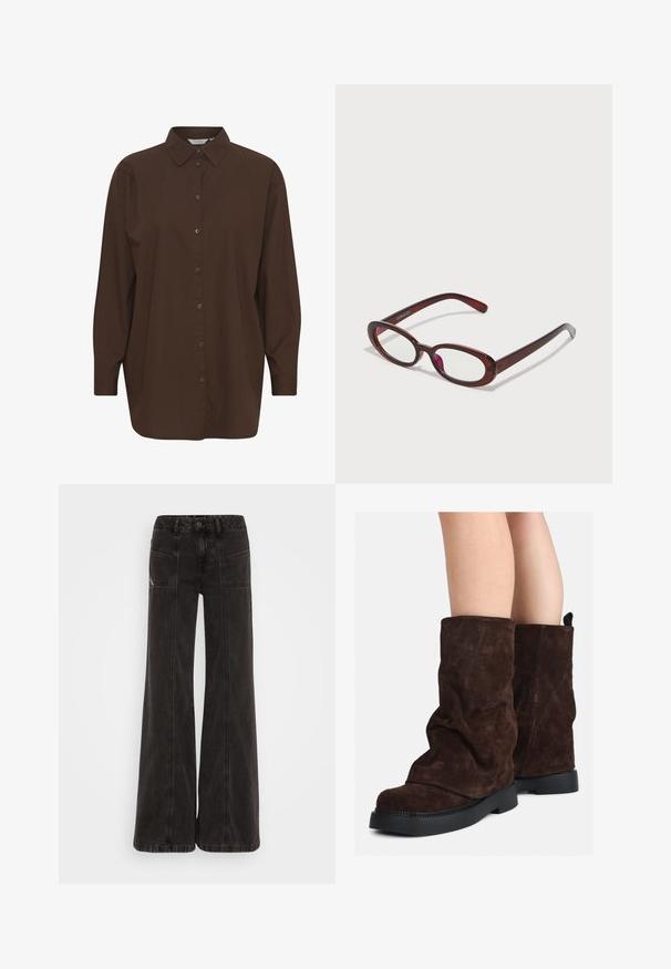 Ruskea villasekoitekate, jossa on korkea kaulus, kuusi mustaa nappia ja sivutaskut. Muotoilu on rento ja siinä on leveät hihat.; Ruskea nappikauluspaita, jossa on klassinen kaulus, pitkät hihat ja rento istuvuus. Valmistettu sileästä puuvillasta, jossa on yhtenäinen rakenne.; Mustat leveälahkeiset farkut, joissa on korkeavyötärö, etutaskut ja sävyyn sointuva tikkaus saumoissa.; Brown suede saapaat keskimittaisilla varrella, mustilla kumipohjilla, käytettyinä paljailla jaloilla, joissa on havaittavissa kevyitä ryppyjä saappaiden varrella.; Punaiset aurinkolasit, joissa on ovaalimuoto, kirkkaat linssit ja tyylikkäät ruskeat kehykset. Muotoilussa on hienovaraisia kaaria ja vähäisesti kiinnikkeitä.