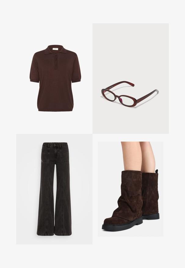 Brun uldblandingsfrakke med høj krave, seks sorte knapper og sidelommer. Designet har en afslappet silhuet med brede ærmer.; Brun kortærmet polo skjorte med klassisk krave, tre-knaps lukning og struktureret strikstof. Casual, afslappet pasform.; Sorte vide ben jeans lavet af denim, med høj talje, frontlommer og tonet syninger langs sømmene.; Brune ruskind støvler til midt på læggen med sorte gummisåler, båret på bar ben, med let rynkning på støvleskaftet.; Ovale røde solbriller med klare linser og slanke brune stel. Designet har subtile kurver og minimalt hardware.