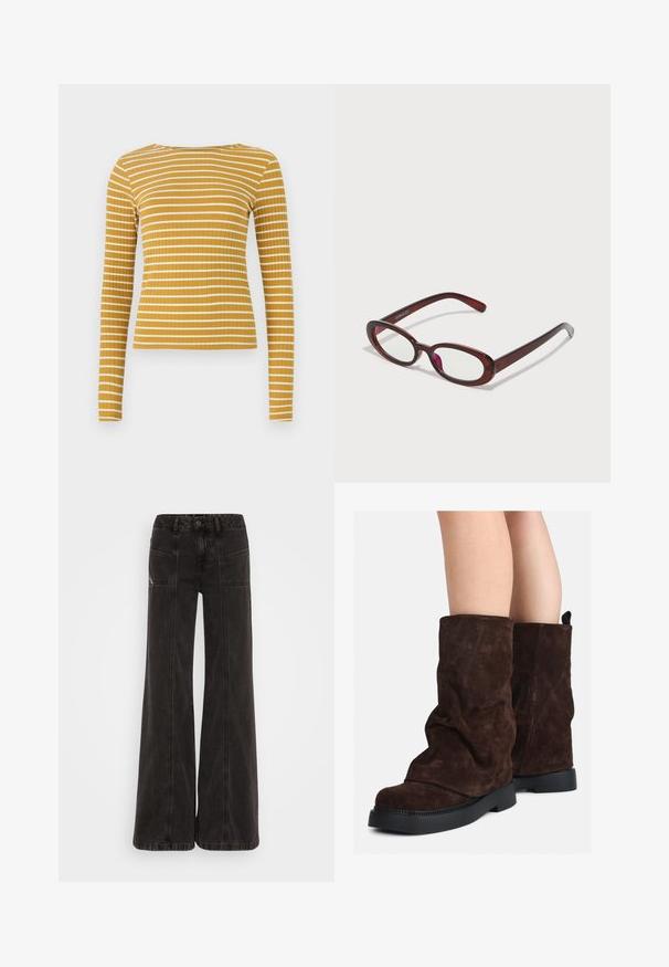 Brown wool blend coat with a high collar, six black buttons, and side pockets. The design features a relaxed silhouette with wide sleeves.; Long-sleeve ribbed top in mustard yellow with white horizontal stripes. Features a crew neckline and fitted silhouette. Smooth texture.; Black wide-leg jeans made of denim, featuring a high waist, front pockets, and tonal stitching along the seams.; Brown suede mid-calf boots with black rubber soles worn on bare legs, showing slight wrinkling on the boot shafts.; Oval-shaped red sunglasses with clear lenses and sleek brown frames. The design features subtle curves and minimal hardware.