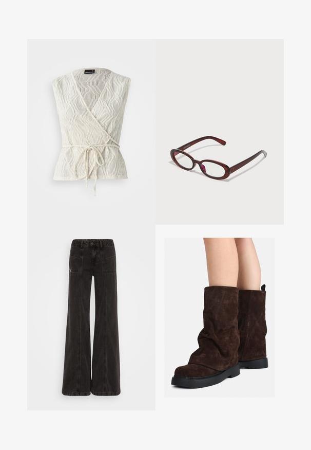 Brązowy płaszcz z mieszanki wełny z wysokim kołnierzem, sześcioma czarnymi guzikami i bocznymi kieszeniami. Projekt charakteryzuje się luźną sylwetką z szerokimi rękawami.; Biała bluzka zawiązywana, wykonana z textured materiału w falisty wzór. Posiada pasek w talii oraz głęboki dekolt w kształcie litery V.; Jasnozielona koszula z długim rękawem, zapinana na guziki, z kołnierzykiem, teksturowanym materiałem i detalami w postaci wiązań przy mankietach. Prosty krój u dołu.; Czarne dżinsy o szerokich nogawkach, wykonane z denimu, z wysokim stanem, przednimi kieszeniami oraz stonowanym przeszyciem wzdłuż szwów.; Brązowe zamszowe botki do połowy łydki z czarnymi gumowymi podeszwami noszone na nagich nogach, z lekkim marszczeniem na cholewkach.; Owalne czerwone okulary przeciwsłoneczne z przezroczystymi soczewkami i eleganckimi brązowymi oprawkami. Projekt charakteryzuje się subtelnymi krzywiznami i minimalną ilością elementów metalowych.