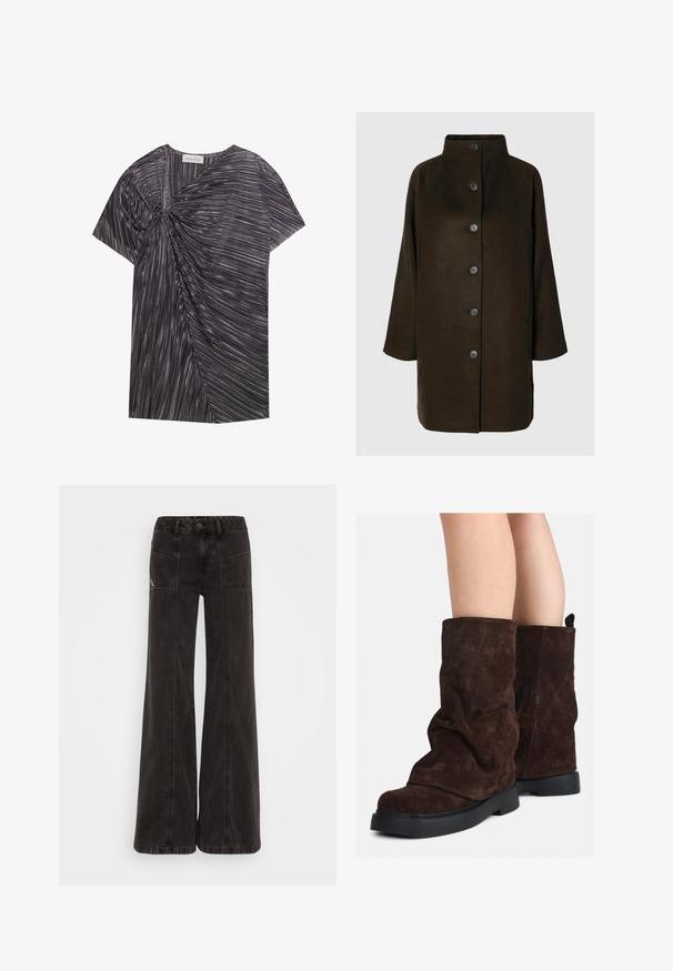 Hnedý kabát z vlnenej zmesi s vysokým golierom, šiestimi čiernymi gombíkmi a bočnými vreckami. Dizajn má uvoľnenú siluetu s širokými rukávmi.; Krátky rukáv, čierno-biely top s textúrovaným, asymetrickým dizajnom s plisovaním a skrúteným detailom na prednej strane.; Čierne široké džínsy vyrobené z denimu, s vysokým pásom, prednými vreckami a tonálnym prešívaním pozdĺž švov.; Hnedé semišové čižmy do polovice lýtok s čiernymi gumovými podrážkami nosené na holých nohách, s miernymi vráskami na šaftoch čižiem.