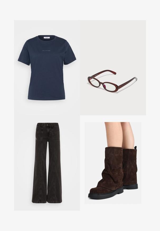 Pruun villasegu mantel kõrge kraega, kuue musta nööbiga ja küljetaskutega. Disainil on lõdva siluett ja laiad varrukad.; Tumesinine lühikeste varrukatega T-särk, mis on valmistatud puuvillast, ümmarguse kaeluse ja väikese "Mare O'Polo DENIM" logo kaeluse kohal.; Mustad lai jaladavad teksad, mis on valmistatud denimist, kõrge vöökohaga, esitaskutega ja ühtse õmblusega õmbluste ääres.; Pruunid sametist keskmise pikkusega saapad mustade kummist talladega, kantud paljaste jalgadega, saapaste varsi peal on nähtavad kerged kortsud.; Ovaalsed punased prillid, millel on selged läätsed ja sujuvad pruunid kered. Disainis on peened kõverad ja minimaalne riistvara.