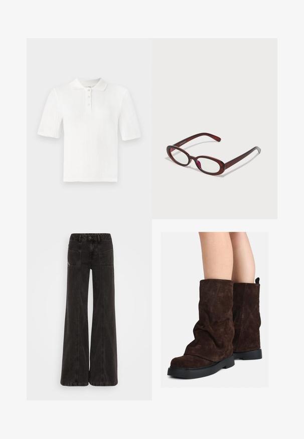 Pruun villasegu mantel kõrge kraega, kuue musta nööbiga ja küljetaskutega. Disainil on lõdva siluett ja laiad varrukad.; Valge kudumine lühikeste varrukatega polo särk, millel on sooneline tekstuur, kolme nupuga avamine ja klassikaline krae. Lihtne ja mitmekülgne disain.; Mustad lai jaladavad teksad, mis on valmistatud denimist, kõrge vöökohaga, esitaskutega ja ühtse õmblusega õmbluste ääres.; Pruunid sametist keskmise pikkusega saapad mustade kummist talladega, kantud paljaste jalgadega, saapaste varsi peal on nähtavad kerged kortsud.; Ovaalsed punased prillid, millel on selged läätsed ja sujuvad pruunid kered. Disainis on peened kõverad ja minimaalne riistvara.