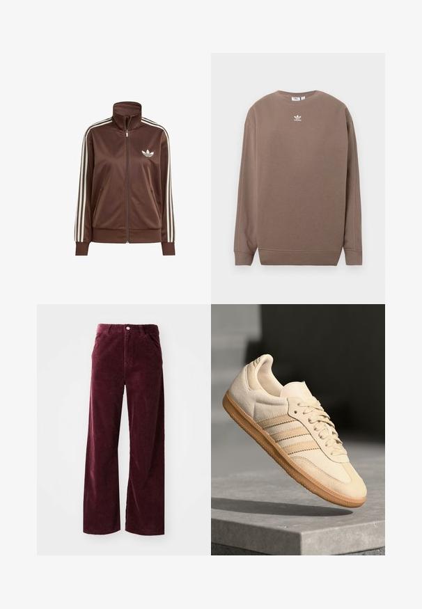 Giacca di raso marrone con collo alto e zip completa, caratterizzata da tre righe bianche su ciascun braccio e un logo bianco sul petto.; Felpa marrone realizzata in tessuto morbido, con scollo rotondo, maniche lunghe e logo Adidas bianco sul petto. Design semplice, senza motivi.; Pantaloni in corduroy bordeaux con design a gamba larga, dotati di tasche frontali, chiusura con bottone e texture a righe su tutta la superficie.; Sneaker in suede beige chiaro con suola in gomma, tre strisce diagonali e punta con texture. Presenta il logo sulla linguetta e sul lato.