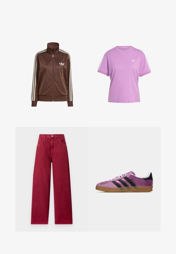 Smešava smeđi saten jaknu s visokim ovratnikom i punim patentnim zatvaračem, koja ima tri bijele pruge na svakoj ruci i bijeli logo na prsima.; Ljubičasta majica s kratkim rukavima od pamuka, s rebrastim izrezom i bijelim bočnim trakama; sadrži mali bijeli Adidas logo na prsima.; Hlače širokih nogavica u dubokoj burgundijskoj boji, izrađene od čvrstog denima, s prednjim džepovima i kopčanjem na dugme u struku.; Ružičaste nubuk tenisice s crnim prugama, bijelim vezicama i gumiranim potplatom. Imaju zaobljen nos i brendiranje sa strane i na peti.