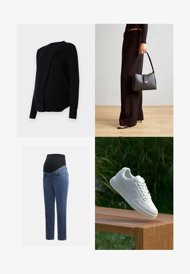 Olívazöld puffermellény kapucnival, hosszú ujjakkal, elöl zipzárral és két oldalsó zipzáras zsebbel. Texturált anyag sima felülettel.; Fekete kötött kismama pulóver, lekerekített nyakkivágással, hosszú ujjak, laza szabással és bordás díszítéssel az ujjaknál és az alján.; Kismamaruhák kék farmer lábakkal és fekete rugalmas haspanellel, amely a növekvő pocakot támogatja és fedi.; Fehér sportcipő sima szintetikus felsőrésszel, perforált lábujjrész, lapos fűzőkkel és texturált talppal, fából készült felületen kihelyezve.; Fekete kézi táska strukturált formával, sima textúrával és fémből készült záródással. Széles fekete nadrággal és nyitott orrú szandállal párosítva, fából készült padlón.