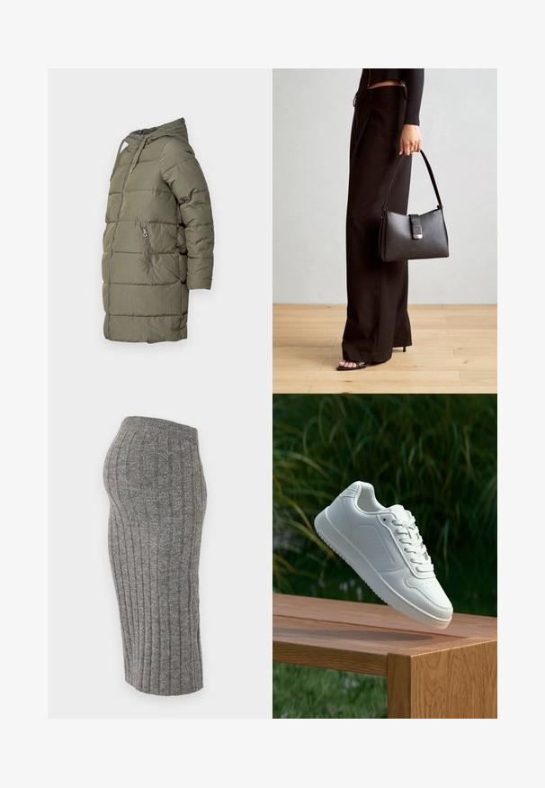 Olívazöld puffermellény kapucnival, hosszú ujjakkal, elöl zipzárral és két oldalsó zipzáras zsebbel. Texturált anyag sima felülettel.; Három kismama tank top fehér, szürke és fekete színben. Rugalmas anyag, állítható pántokkal és beszegett oldals seams, hogy kényelmes viseletet biztosítson.; Szürke bordázott kötött szoknya, bokáig érő, illeszkedő derékrésszel. Az anyag puha tapintású, és függőleges csíkokkal van díszítve.; Fehér sportcipő sima szintetikus felsőrésszel, perforált lábujjrész, lapos fűzőkkel és texturált talppal, fából készült felületen kihelyezve.; Fekete kézi táska strukturált formával, sima textúrával és fémből készült záródással. Széles fekete nadrággal és nyitott orrú szandállal párosítva, fából készült padlón.