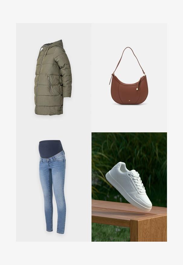 Casaco puffer verde-azeitona com capuz, mangas longas, fecho frontal e dois bolsos laterais com fecho éclair. Tecido texturizado com um acabamento suave.; Três tops de maternidade sem mangas em branco, cinza e preto. Tecido elástico com alças ajustáveis e costuras laterais franzidas para maior conforto.; Jeans de maternidade em denim azul claro com uma cintura elástica preta, apresentando um design ajustado e estilo clássico de 5 bolsos.; Sapatilha branca com um cabedal sintético liso, caixa dos dedos perfurada, atacadores planos e uma sola texturizada, exposta sobre uma superfície de madeira.; Mala de ombro em pele sintética castanha com forma curva, costura minimalista e detalhe em metal dourado. Apresenta fecho de zíper no topo e alça ajustável.
