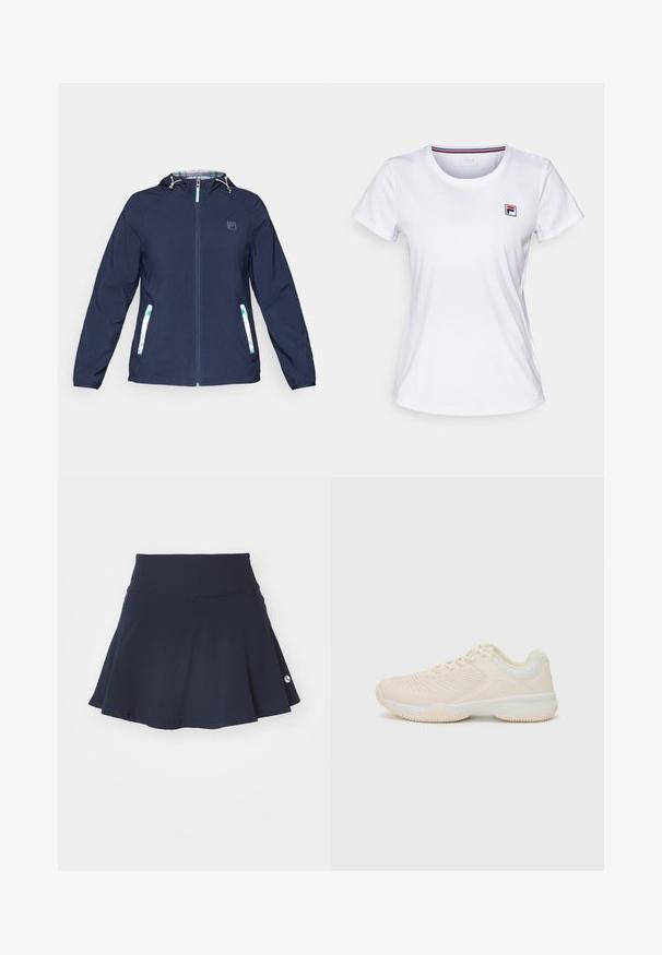 Casaco com capuz azul-marinho, com fecho frontal, punhos elásticos e dois bolsos laterais que apresentam detalhes em xadrez branco e verde.; T-shirt branca de mangas curtas feita de um tecido leve. Apresenta um decote redondo e um pequeno logótipo colorido no lado esquerdo do peito. Design simples.; Saia evasê azul marinho com uma cintura ajustada, feita de material suave, apresentando um pequeno logótipo no canto inferior direito, textura lisa.; Sapatilha atlética de tom bege claro com um upper texturizado, detalhes brancos em contraste, bico arredondado e sola de borracha flexível.