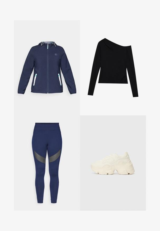 Navy blue hooded jacket with front zipper, elastic cuffs, and two side pockets featuring white and green plaid accents.; Black long-sleeve top featuring an asymmetrical neckline and a fitted design with soft, smooth fabric. No visible patterns or hardware.; Navy blue leggings made of stretchy material, featuring gray accent panels and a high waistband. Designed for active wear.; Chunky white sneakers made of textured mesh and synthetic materials, featuring a thick sole and intricate pattern details along the sides.