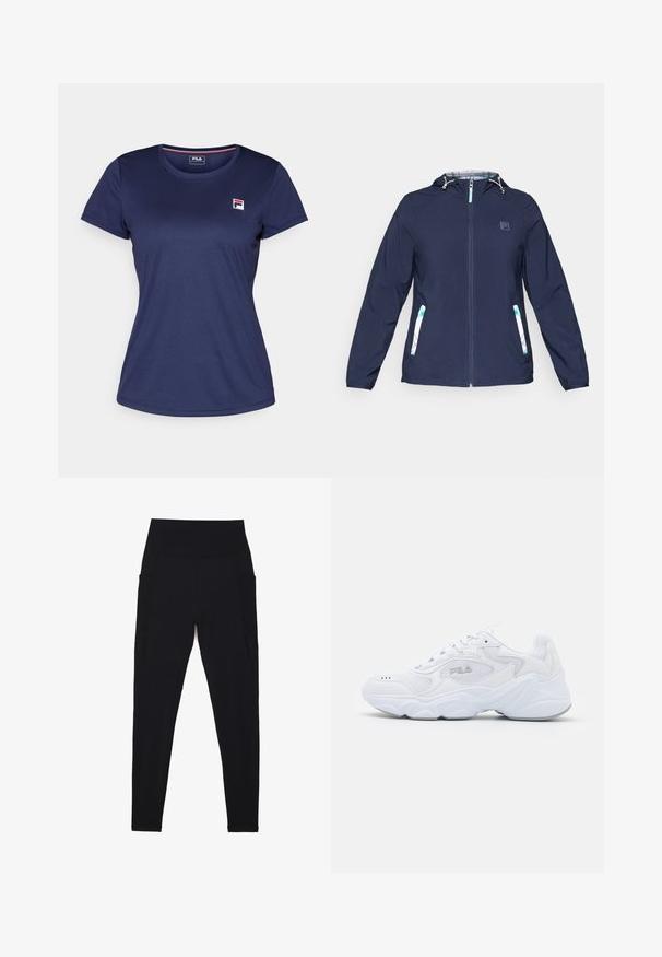 Jachetă cu glugă de culoare bleu marin, cu fermoar frontal, mansete elastice și două buzunare laterale, având accente de carouri albe și verzi.; Tricou cu mânecă scurtă de culoare bleu marin, confecționat dintr-un material fin, având un mic logo Fila pe pieptul stâng. Guler rotund și croială clasică.; Colanți negri dintr-un material elastic, cu un talie înaltă și nervurată. Dispune de buzunare laterale și un design fără cusături pentru confort.; Să nu îți lipsească adidașii albi cu un superior din plasă texturată, guler captusit și talpă chunky. Acestea au un logo pe lateral și sistem de prindere cu șireturi.