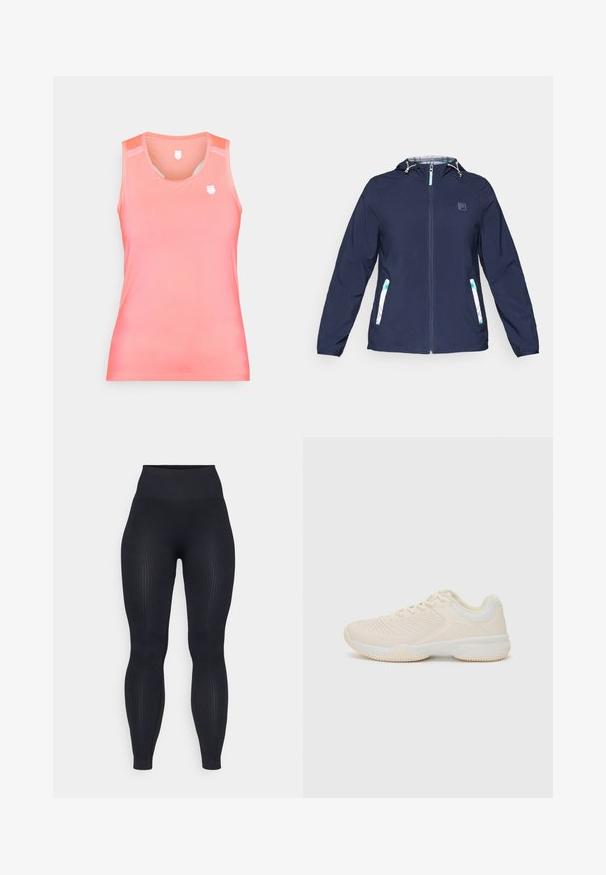 Sötétkék kapucnis dzseki elülső cipzárral, rugalmas mandzsettákkal és két oldalsó zsebbel, amelyek fehér és zöld kockás díszítéssel rendelkeznek.; Ujjatlan tank top gradient korall színben, sima, rugalmas anyagból készült. Kis logo található a mellkason és hálós részletek a vállakon.; Fekete bordázott leggings, magas derékkal, rugalmas anyagból készült. Simaságot biztosító textúrával rendelkezik, függőleges mintákkal az egész felületén.; Világos bézs színű sportcipő, texturált felsőrésszel, kontrasztos fehér részletekkel, kerek orral és rugalmas gumitalppal.