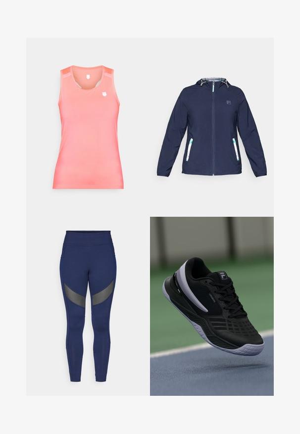 Námornícky modrá bunda s kapucňou a predným zipsom, elastickými manžetami a dvoma bočnými vreckami s bielymi a zelenými kockovanými akcentmi.; Bezramenný top v gradientnej koralovej farbe, vyrobený z hladkej, elastickej látky. Obsahuje malé logo na hrudi a sieťovinové detaily na pleciach.; Námornícke modré legíny vyrobené z elastického materiálu, s sivými akcentovými panelmi a vysokým pásom. Navrhnuté pre aktívne nosenie.; Čierna športová obuv s textúrovaným sieťovým zvrškom, kontrastnými bielymi akcentmi a odolnou gumovou podrážkou, navrhnutá pre výkon a pohodlie.