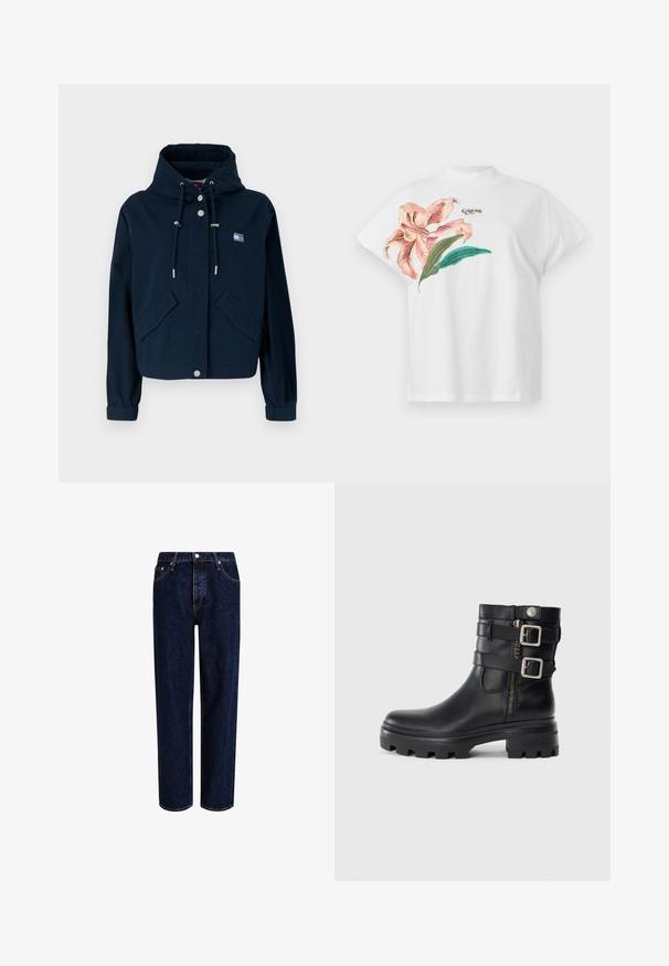 Casaco cropped azul-marinho com capuz ajustável, acessórios em prata, dois bolsos frontais e um logótipo bordado no peito.; T-shirt de algodão branco com mangas curtas, apresentando um design floral em rosa e folhas verdes do lado esquerdo. Logótipo "Guess" em cinza acima do design.; Jeans de ganga azul escuro com um design de perna reta, apresentando uma cintura alta, estilo de cinco bolsos e costura em contraste. Sem adornos.; Botim de tornozelo em pele preta com detalhes de fivela dupla, fecho de zíper, sola espessa e textura lisa. Apresenta um design robusto e estiloso.