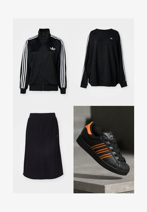 Fekete, zipzáras dzseki magas gallérral, fehér háromcsíkos díszítéssel az ujjakon és hímzett logóval a mellrészen. Simább, sportos anyag.; Fekete, harang formájú pulóver puha anyagból, fehér csíkokkal a karokon és egy kis logóval a mellkasán. Kerek nyakú.; Fekete midi szoknya puha anyagból, rugalmas derékpánttal és egyenes szabással. Finom logó részlet található kontrasztos színben.; Fekete sportcipő narancssárga részletekkel, három vízszintes csíkkal, texturált bőr felsőrésszel, gumis orral és fekete fűzőkkel.