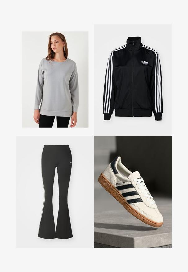 Melnas jaka ar rāvējslēdzēju un augstu apkakli, kurai ir baltas trīs svītras uz piedurknēm un izšūta logo uz krūšu daļas. Gluda, sportiska auduma.; Pelēkā garā piedurkne krekls ar apaļu kaklu, brīvs piegriezums un ribotām aprocēm, izgatavots no mīksta, gluda auduma.; Melnas platas bikses no stiepjo auduma ar augstu jostasvietu un baltām sānu svītrām. Iekļauta neliela logo uz jostasvietas.; Baltas zamša kedas ar tumši ziliem svītrām, gumijas zole, teksturēts augšdaļa, apaļa purngala forma un auklas; sānos un mēlītē ir zīmola nosaukums.