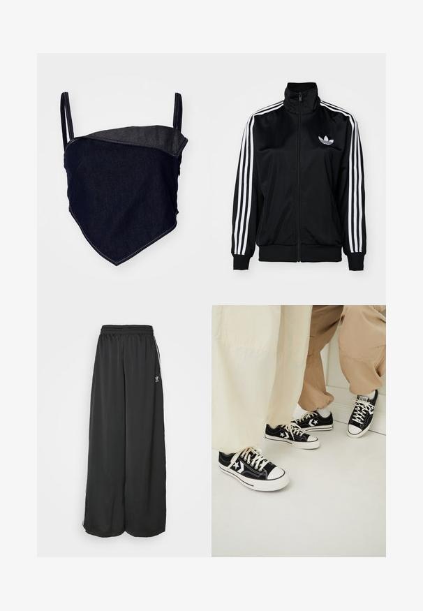 Musta vetoketjullinen takki korkealla kauluksella, jossa valkoiset kolmilinjaiset yksityiskohdat hihoissa ja brodeerattu logo rinnassa. Sujuva, urheilullinen kangas.; Denim bralette dengan desain yang fitted. Kain biru tua dengan panel sudut yang lebih cerah. Tirai yang dapat disesuaikan dan detail jahitan yang terlihat.; Musta löysästi istuva urheiluhaalari, joka on valmistettu sileästä kankaasta. Sisältää joustavan vyötärön ja sivuilla nauhoja, joissa on logo-yksityiskohtia.; Mustat kangaskengät valkoisilla kumipohjilla, joissa on valkoisia tähkäytteisiä yksityiskohtia ja mustat kengännauhat, yhdistettynä vaaleanbeigeihin ja kermanvärisiin housuihin.