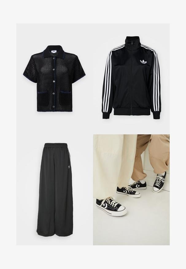 Fekete, zipzáras dzseki magas gallérral, fehér háromcsíkos díszítéssel az ujjakon és hímzett logóval a mellrészen. Simább, sportos anyag.; Fekete kötött, rövid ujjú póló, hálós mintával, kék díszítéssel a gallér és a zseb szélein, elöl gombokkal.; Fekete, laza szabású edzőnadrág, sima anyagból készült. Jellemzője a rugalmas derékrész és az oldalsó csíkok, logóval díszítve.; Fekete vászon sportcipők, fehér gumitalpakkal, fehér csillagdíszítéssel és fekete cipőfűzőkkel, világos bézs és krémszínű nadrággal párosítva.