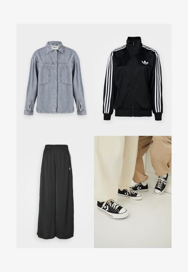 Črna zip-up jakna z visokim ovratnikom, ki ima bele tri črte na rokavih in izšiteno logo na prsih. Gladek, športen material.; Denim jakna v svetlo sivi barvi s ovratnikom, sprednjim zadrgo, dvema prsnikoma in zavihanimi rokavi. Opažena je obrabljena tekstura.; Črne proste trenirke iz gladkega materiala. Imajo elastičen pas in stranske črte z logotipom.; Črne platnene superge z belimi gumijastimi podplati, ki imajo bele zvezdaste akcentne dodatke in črne vezalke, v kombinaciji s svetlo bež in kremnimi hlačami.