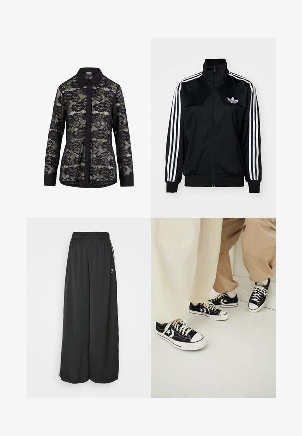 Black zip-up jacket with high collar, featuring white three-stripe accents on sleeves and embroidered logo on chest. Smooth, sporty fabric.; Black lace shirt with a collared neckline, featuring a floral pattern, button-down front, and long sleeves with a solid black cuff detail.; Black loose-fitting track pants made of smooth fabric. Features an elastic waistband and side stripes with logo accents.; Black canvas sneakers with white rubber soles, featuring white star accents and black shoelaces, paired with light beige and cream pants.