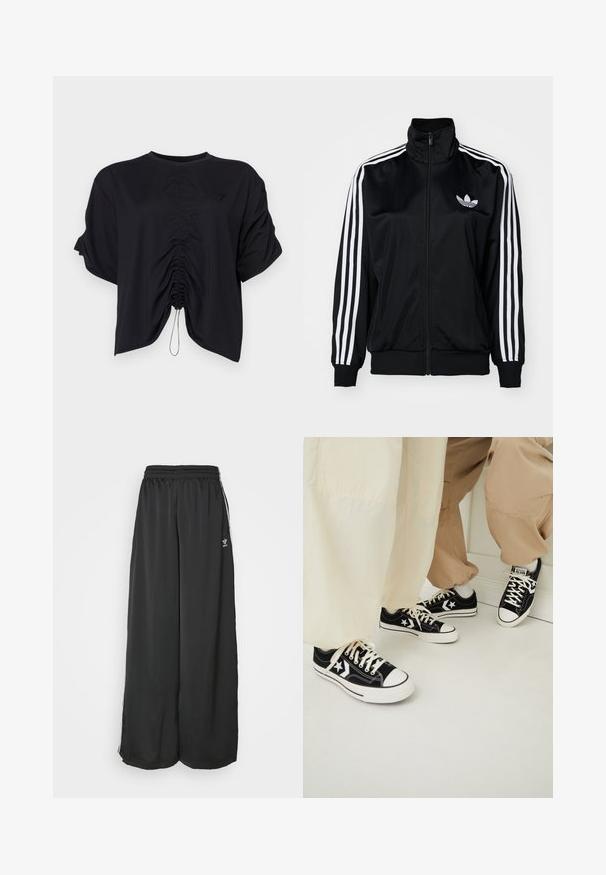 Black zip-up jacket with high collar, featuring white three-stripe accents on sleeves and embroidered logo on chest. Smooth, sporty fabric.; Black cropped top made of soft fabric, featuring a round neckline, short sleeves, and gathered detailing at the front with a drawstring.; Black loose-fitting track pants made of smooth fabric. Features an elastic waistband and side stripes with logo accents.; Black canvas sneakers with white rubber soles, featuring white star accents and black shoelaces, paired with light beige and cream pants.